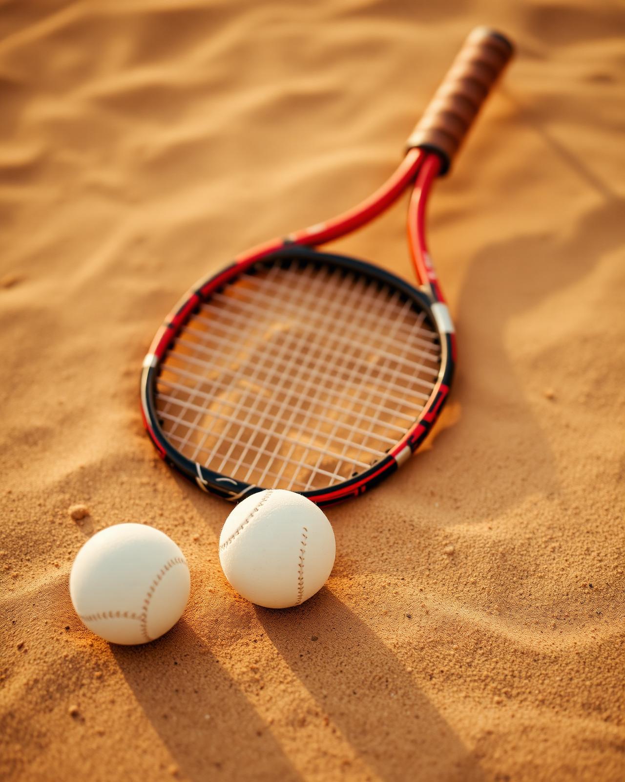 Tennis racket and balls on warm sand